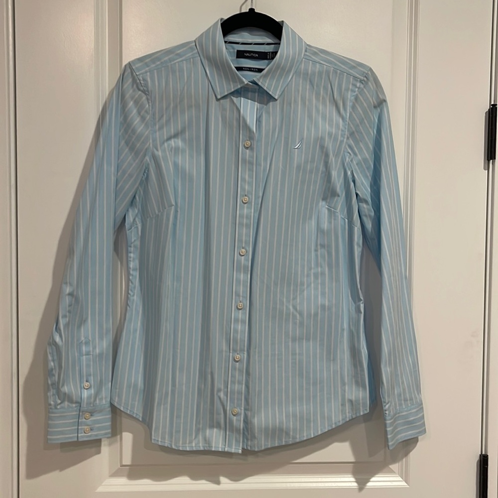 Nautica Light Blue Striped Button Down Blouse